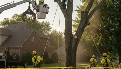 Professional arborists performing safe tree removal with crane and chainsaws in Dayton, Ohio