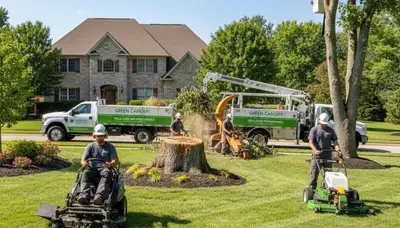 Professional lawn care and tree removal team working in Dayton, OH yard