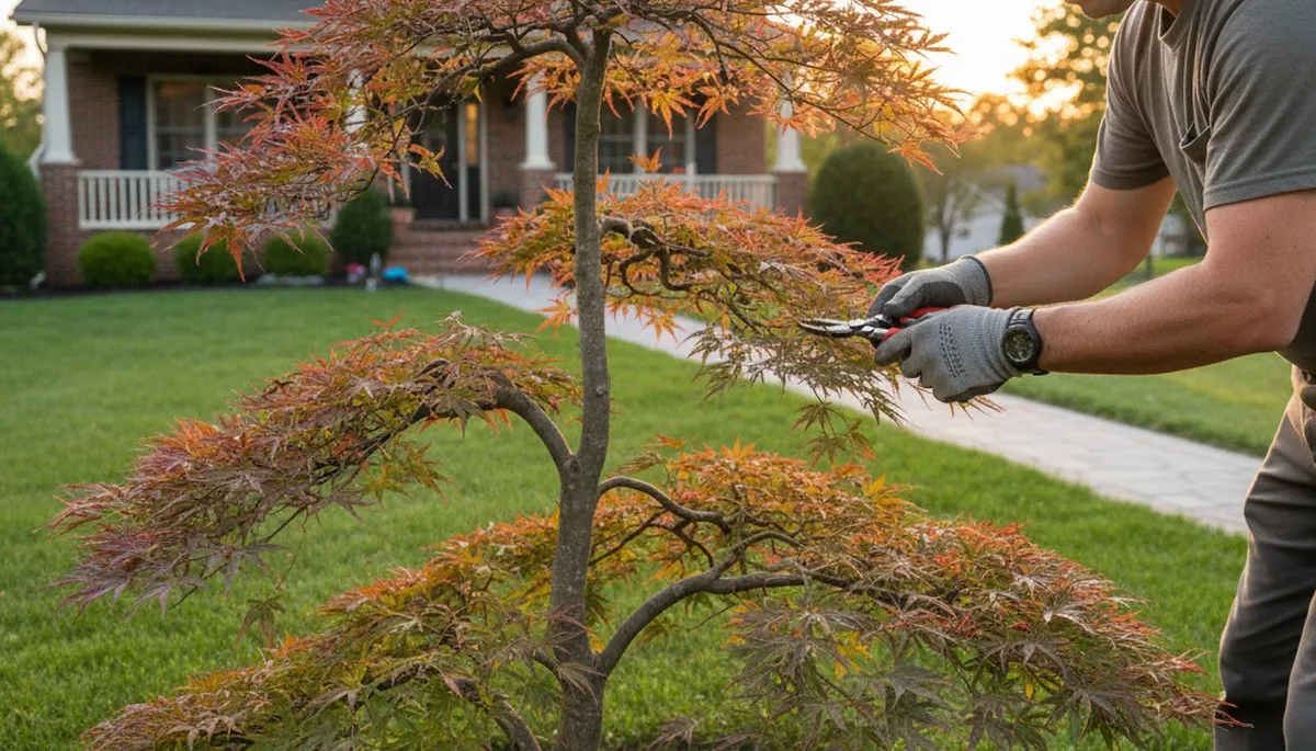 Arborist hand pruning ornamental tree in Dayton, OH for expert tree trimming and landscape enhancement