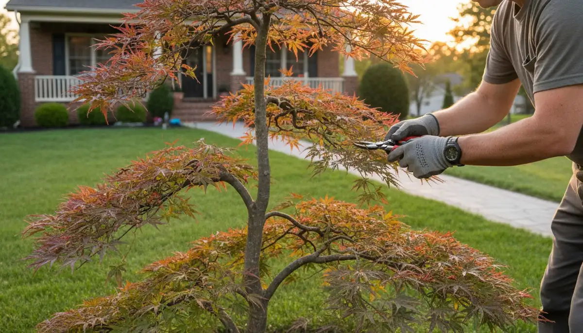 Arborist hand pruning ornamental tree in Dayton, OH for expert tree trimming and landscape enhancement