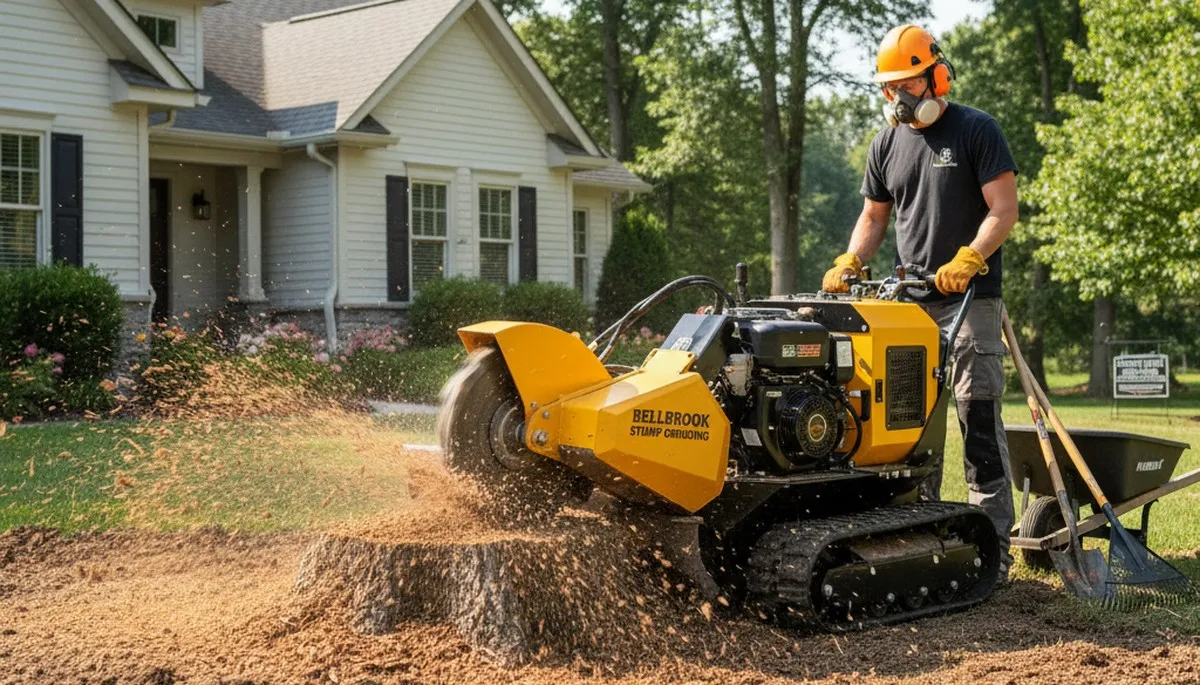 Professional stump grinding service removing tree stumps in Bellbrook, Dayton, OH yard
