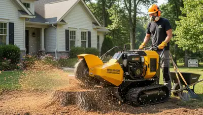 Professional stump grinding service removing tree stumps in Bellbrook, Dayton, OH yard