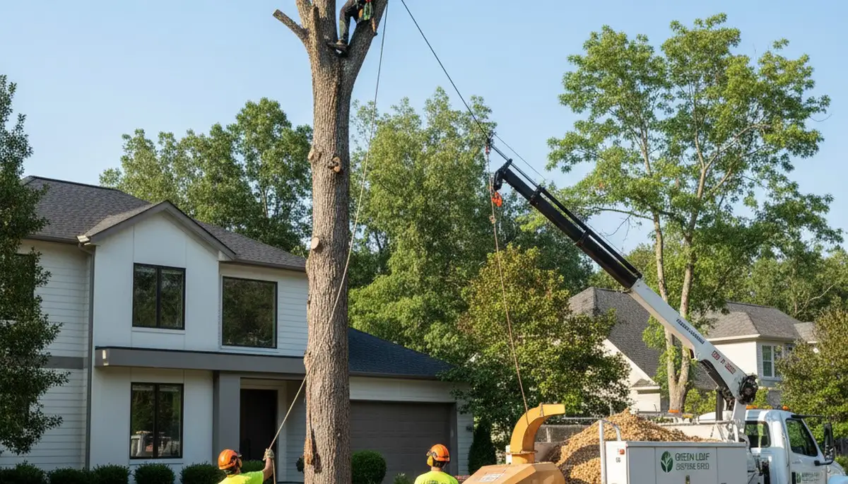 Professional tree removal service in Dayton, OH safely cutting down a large oak tree