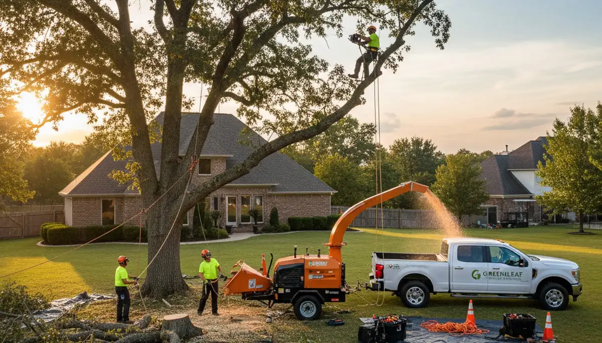 Professional tree removal service in Dayton, OH safely clearing large oak tree from residential yard