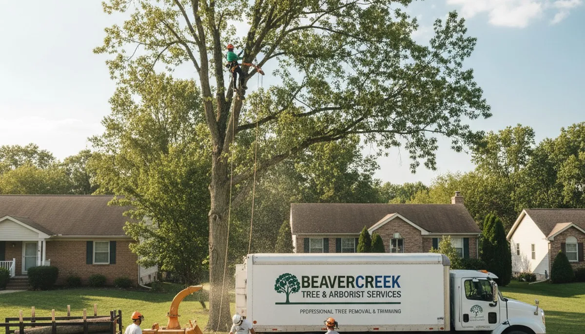 Professional tree removal service in Dayton, OH safely clearing large oak tree