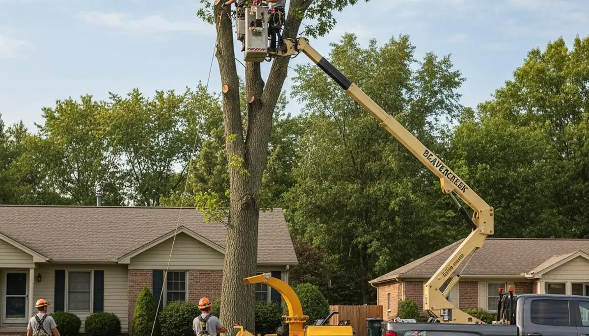 Professional tree removal crew working in Dayton, OH yard
