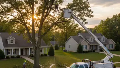 Professional tree removal service crew working safely in Dayton, OH neighborhood yard