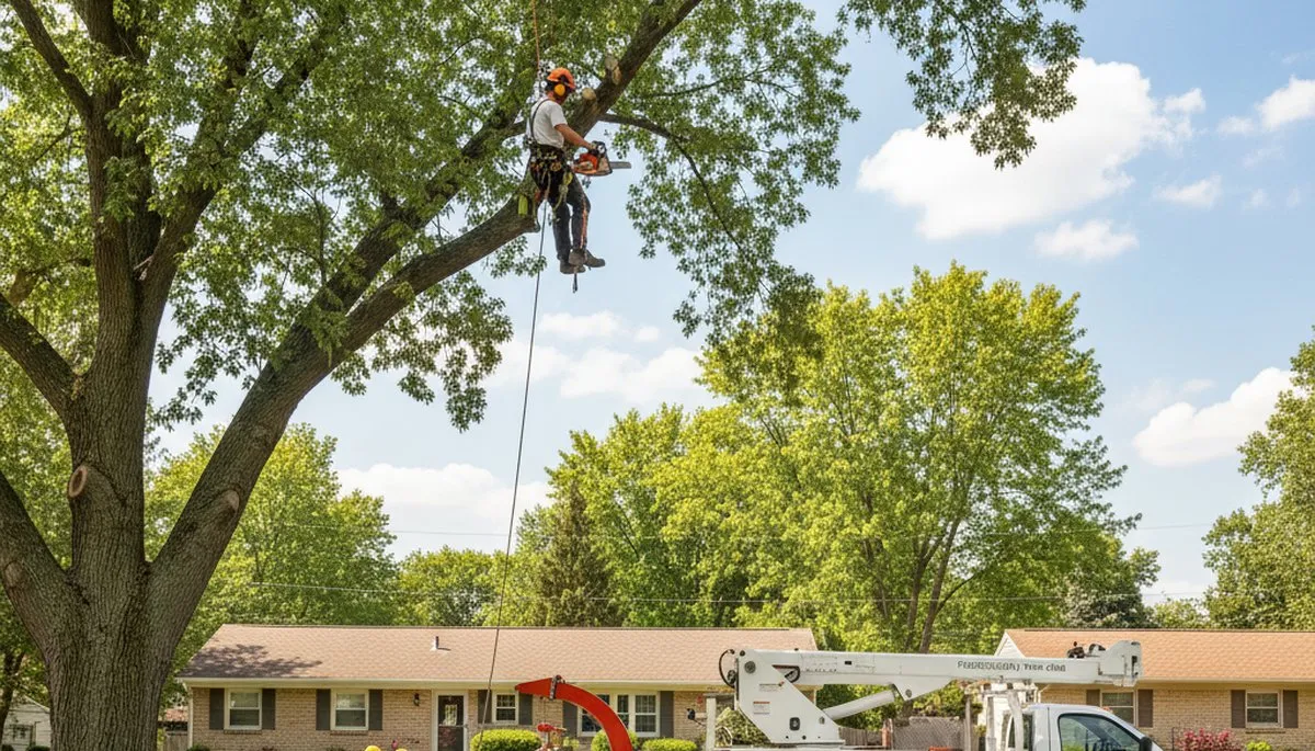 Professional tree removal crew working safely on large oak tree in Dayton, Ohio