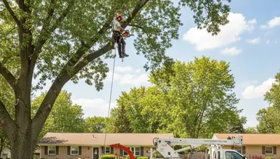 Professional tree removal crew working safely on large oak tree in Dayton, Ohio