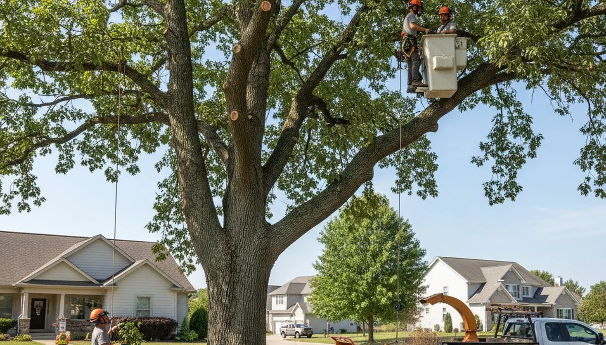 Professional tree removal service in Dayton, OH safely cutting and clearing large oak tree