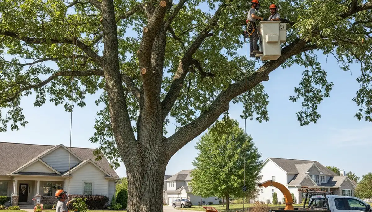 Professional tree removal service in Dayton, OH safely cutting and clearing large oak tree