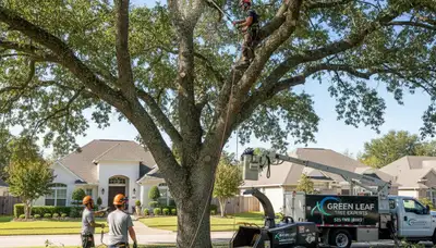 Arborist trimming oak tree branches in Dayton, OH for professional tree care service