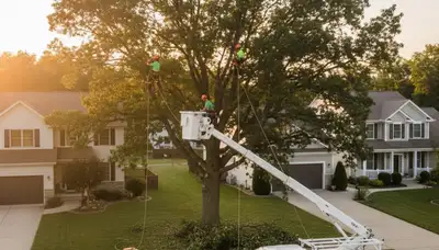 Professional tree removal service in Dayton, OH safely cutting and clearing large oak trees