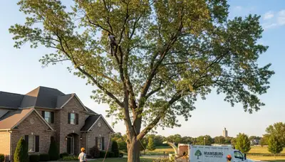 Professional tree removal service in Dayton, OH safely cutting large oak tree
