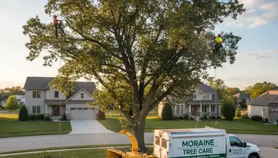 Professional tree removal service in Dayton, OH safely cutting and clearing large oak tree