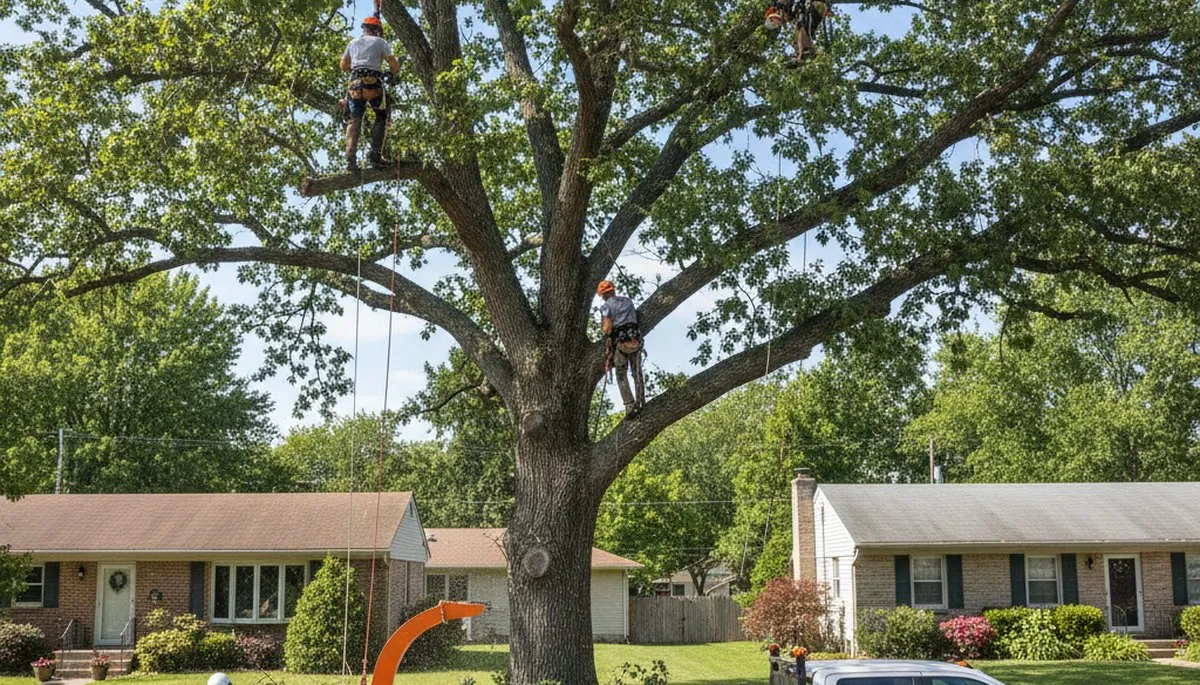 Professional tree removal service in Dayton, OH safely cutting and clearing large oak tree