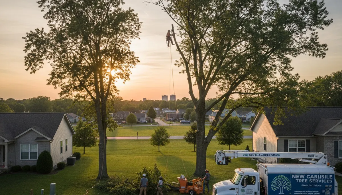 Professional tree removal service crew working in Dayton, Ohio yard