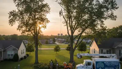 Professional tree removal service crew working in Dayton, Ohio yard