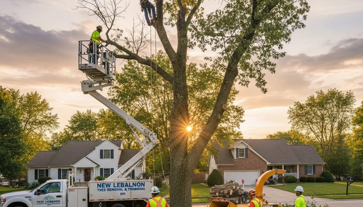Professional tree removal crew working in Dayton, OH clearing large oak branches safely