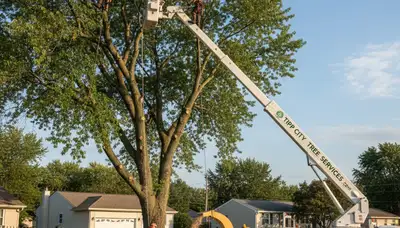 Professional tree removal service in Dayton, OH safely cutting down large oak tree