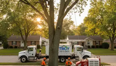 Professional tree removal service in Dayton, OH safely cutting and clearing large backyard oak tree