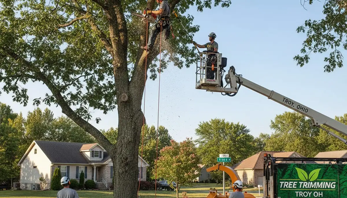 Professional tree removal service in Dayton, OH safely cutting and clearing large oak tree