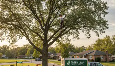 Professional tree removal service in Dayton, OH with crew cutting damaged oak safely