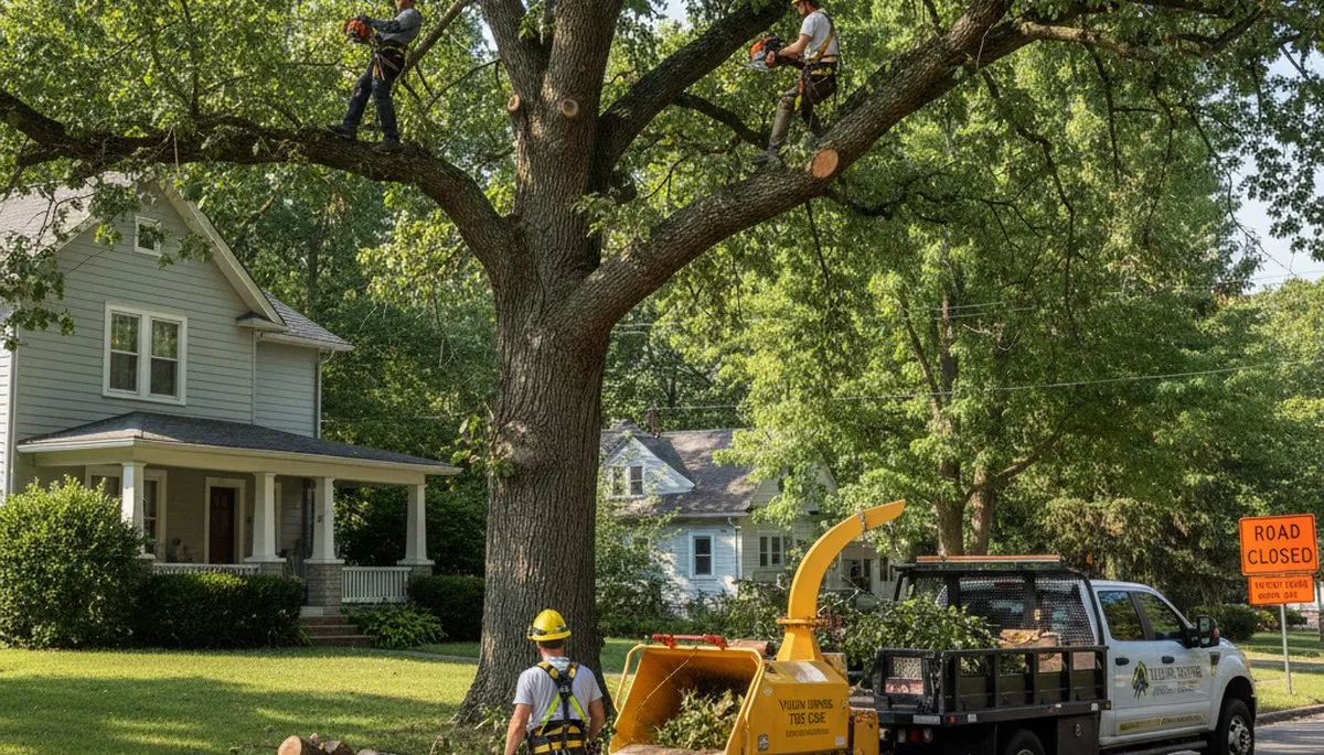 Professional tree removal service in Dayton, OH safely removing large oak tree from residential yard
