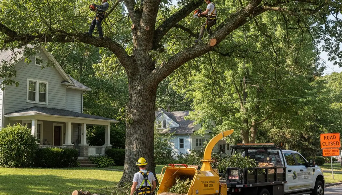 Professional tree removal service in Dayton, OH safely removing large oak tree from residential yard